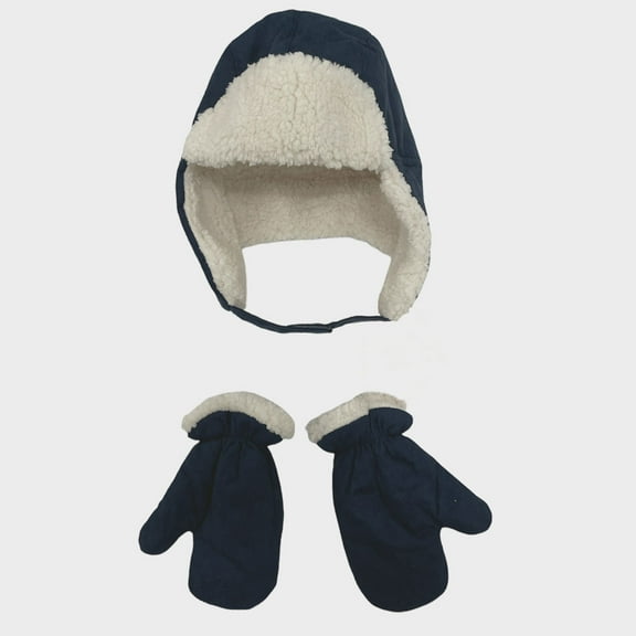 Gold Coast Boys Navy Fleece Trapper Hat and Mitten Set, 2-4 Years