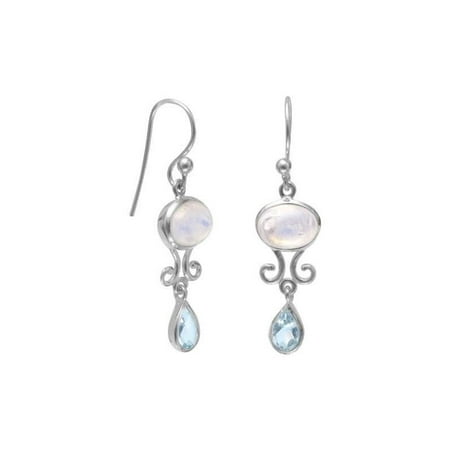 Blue Moonstone - Rainbow Moonstone and Blue Topaz Earrings Sterling Silver Scroll Design