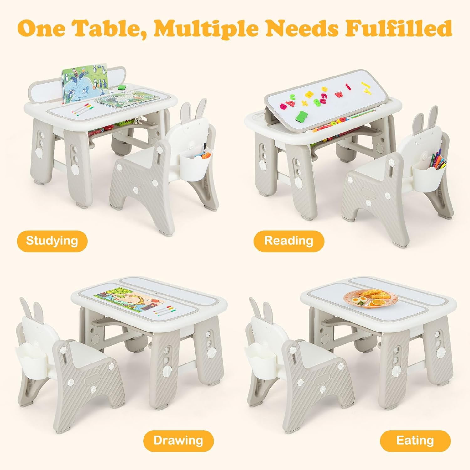 OLAKIDS  Kids Table and Chair Set, Activity Table with Magnetic Drawing Board 4 Gears Adjustable Height Bookshelf Watercolor Pens, Toddler Plastic Furniture Table for Playing Reading Eating