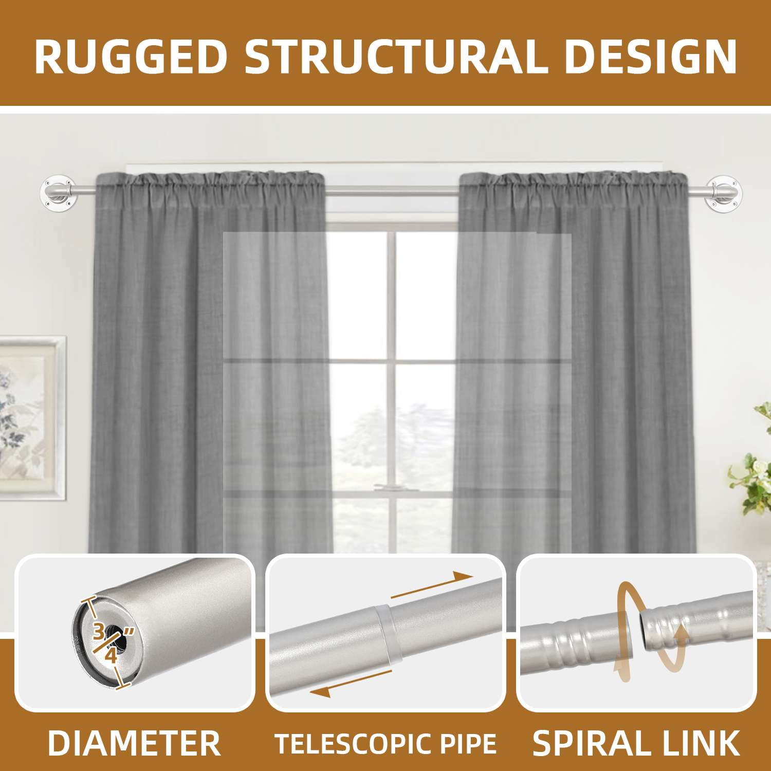 Turquoize Adjustable Spliced Industrial Pipe Single Curtain Rods for Bedroom Diameter 0.75,16.2-90.6",Nickel