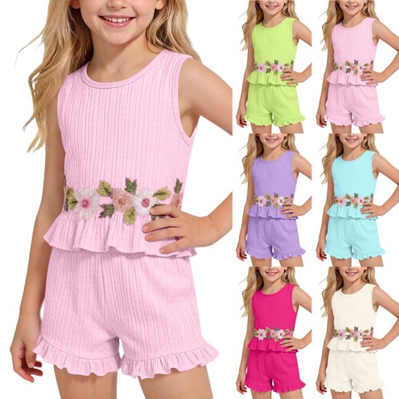 Vornjynx Girls Outfit Sets Crew Neck Tank Tops and Ruffle Hem Shorts High Waist Summer Casual Trendy Clothes 2 Piece Pink Size 13