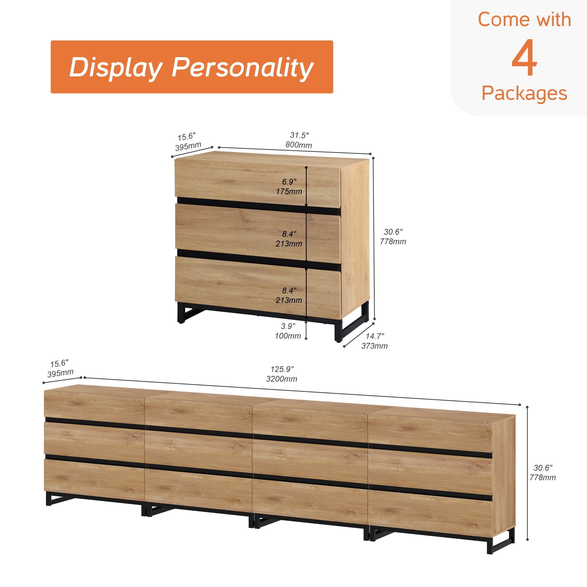 4 In 1 Multifunctional Sideboard Buffet Cabinets, Modern Sideboard With Adjustable Shelf And 12 Drawers, Coffee Bar Cabinet Storage Cabinet For Living Room, Kitchen,Oak