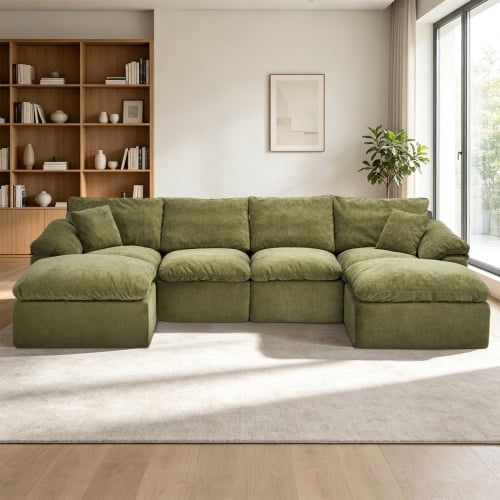 130" Modular Sectional Sofa, L-Shape Cloud Couch with 2 Movable Ottomans, Comfy Chenille Deep Seat Sofa with Soft Pillows for Living Room Apartment, Green