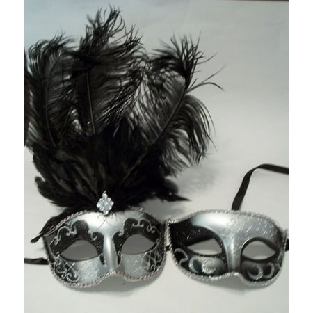 Silver Black feather His Hers Couple Combo Masquerade Mardi Gras Masks Man Woman