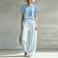 thumbnail image 2 of Women Casual 2 Piece Lounge Set Loose Short Sleeve Top and Wide Leg Pants Striped Matching Outfit Soft Breathable Relaxed Fit Travel Vacation Everyday Wear Comfortable Fashion Set, 2 of 6