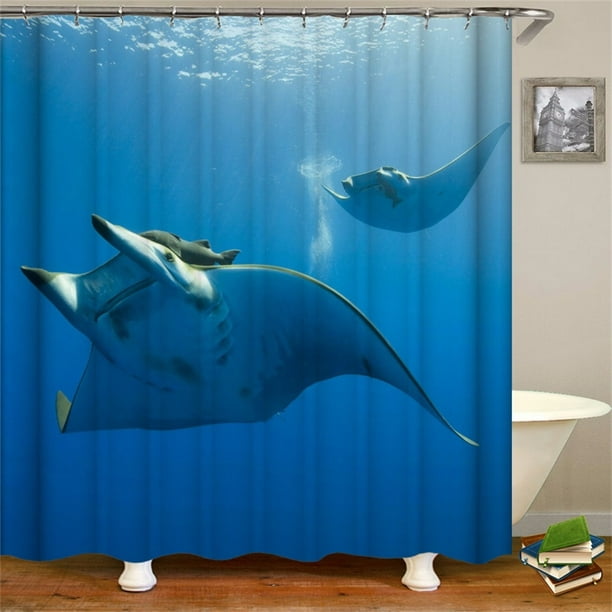 Shower Curtain Set With Hooks Aquarium Manta Ray Fish Teal Theme
