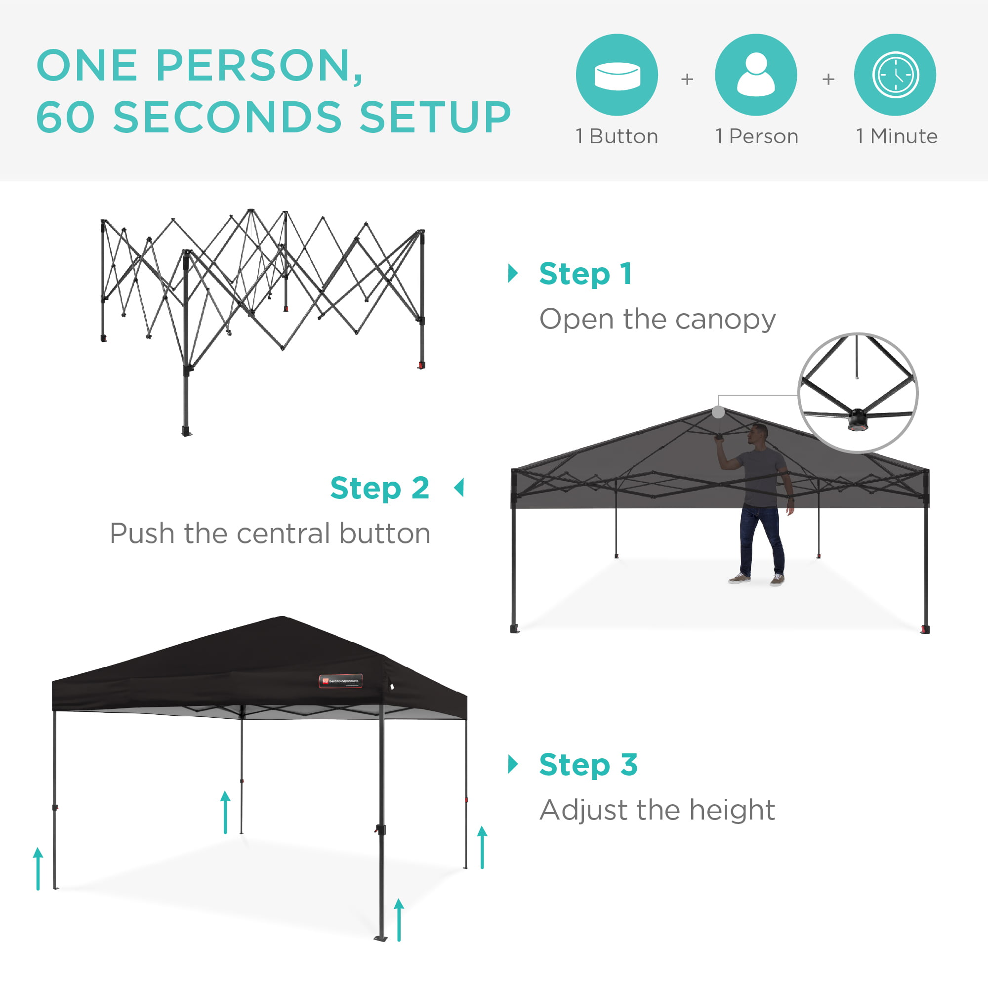 Best Choice Products 10x10ft 1-Person Setup Pop Up Canopy Tent Instant Portable Shelter w/ 1-Button Push White Stakes Wheeled Carry Case Straight Legs 