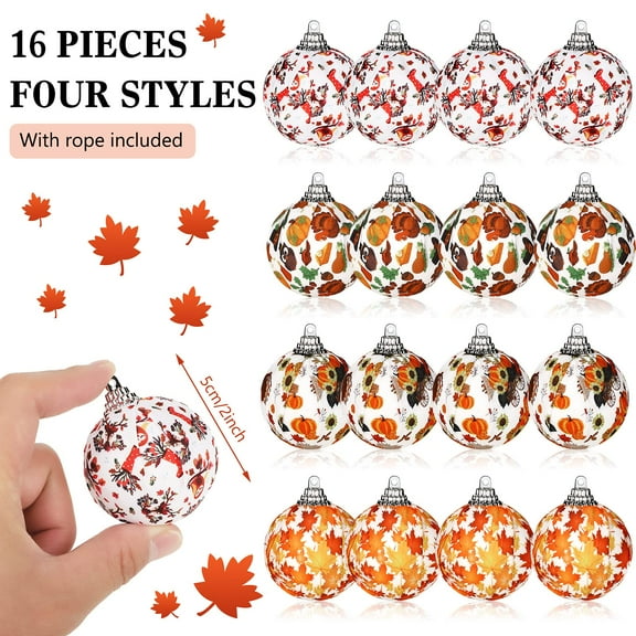 16PCS Fall Thanksgiving Day Hanging Ball Ornament， Fabric Wrapped Hanging Ball Turkey Pumpkin Maple Leaf Ornament for Autumn Thanksgiving Day Party Home Decor