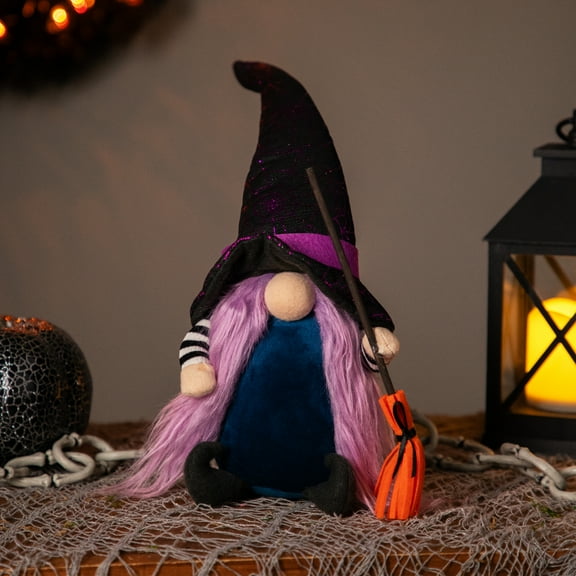 Northlight Gnome Witch with Broom and Pointy Hat Halloween Figure - 14" - Black and Purple