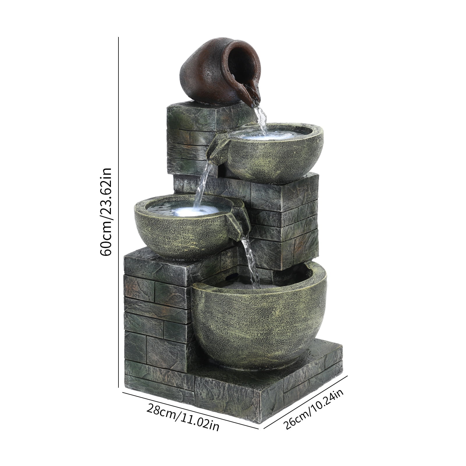 Koiauber 23.6" 4-Tiers Outdoor Garden Water Fountain,Cascading Bowls and Stacked Stones Outdoor Water Fountain,Outside Patio Water Features Fountain with LED Light