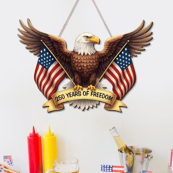 USA 250th Anniversary Door Hanging Sign Wreath, Eagle 250 Years of Freedom Patriotic Decor Wooden Home Decorations