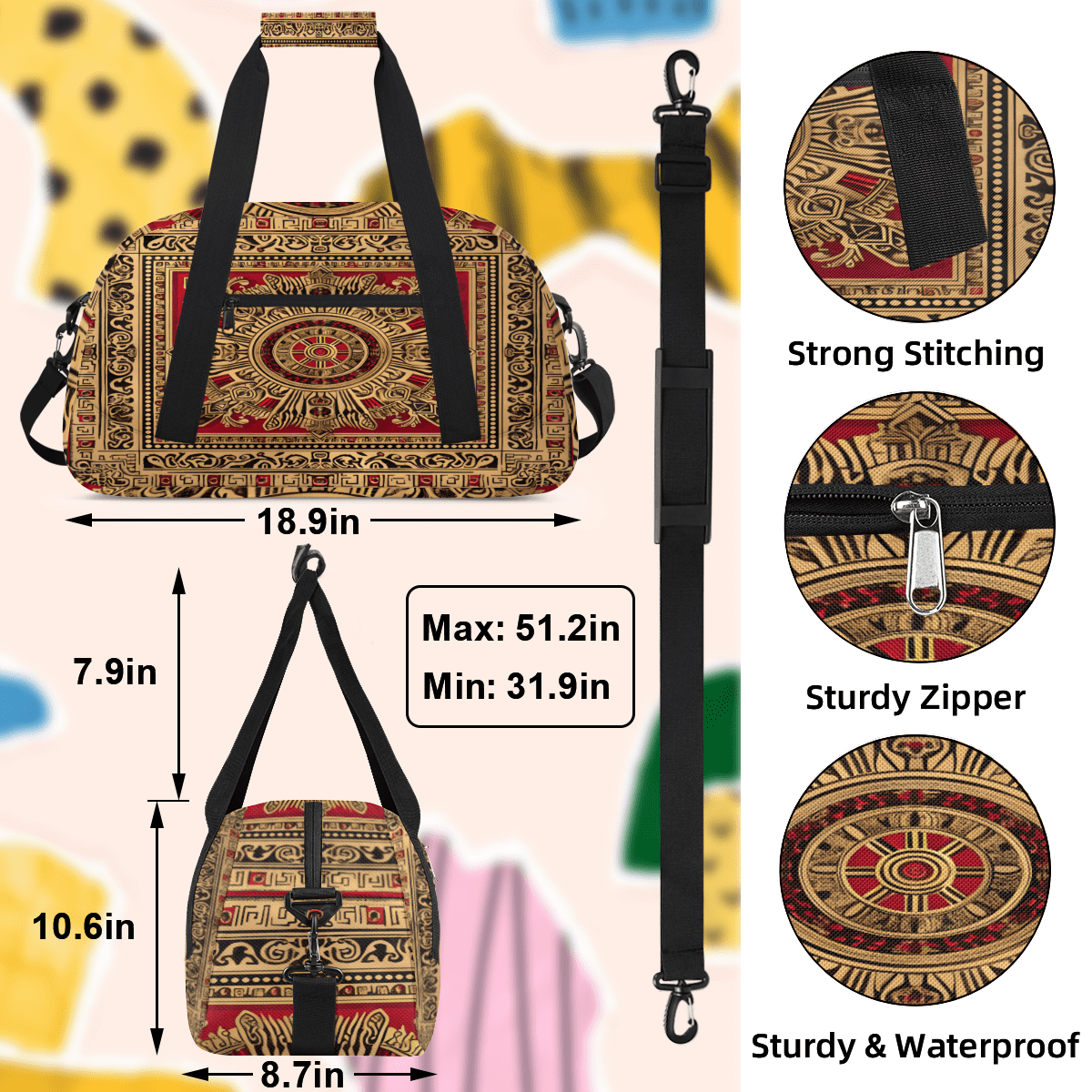 Herdesigns Sports Duffle Bags Travel Duffle Bag Gym Bag Colorful Boho Vintage Weekender Travel Bag Waterproof Overnight Bag Carry On Travel Tote Bag Dance Bags