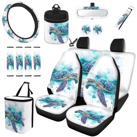 Garronmavis 15pcs Automobile Interior Sets Sea Turtle Car Front and Rear Seat Cover Steering Wheel Cover Seat Belt Cover Coasters Rearview Mirror Cover Car Garbage Can Air Vent Mount