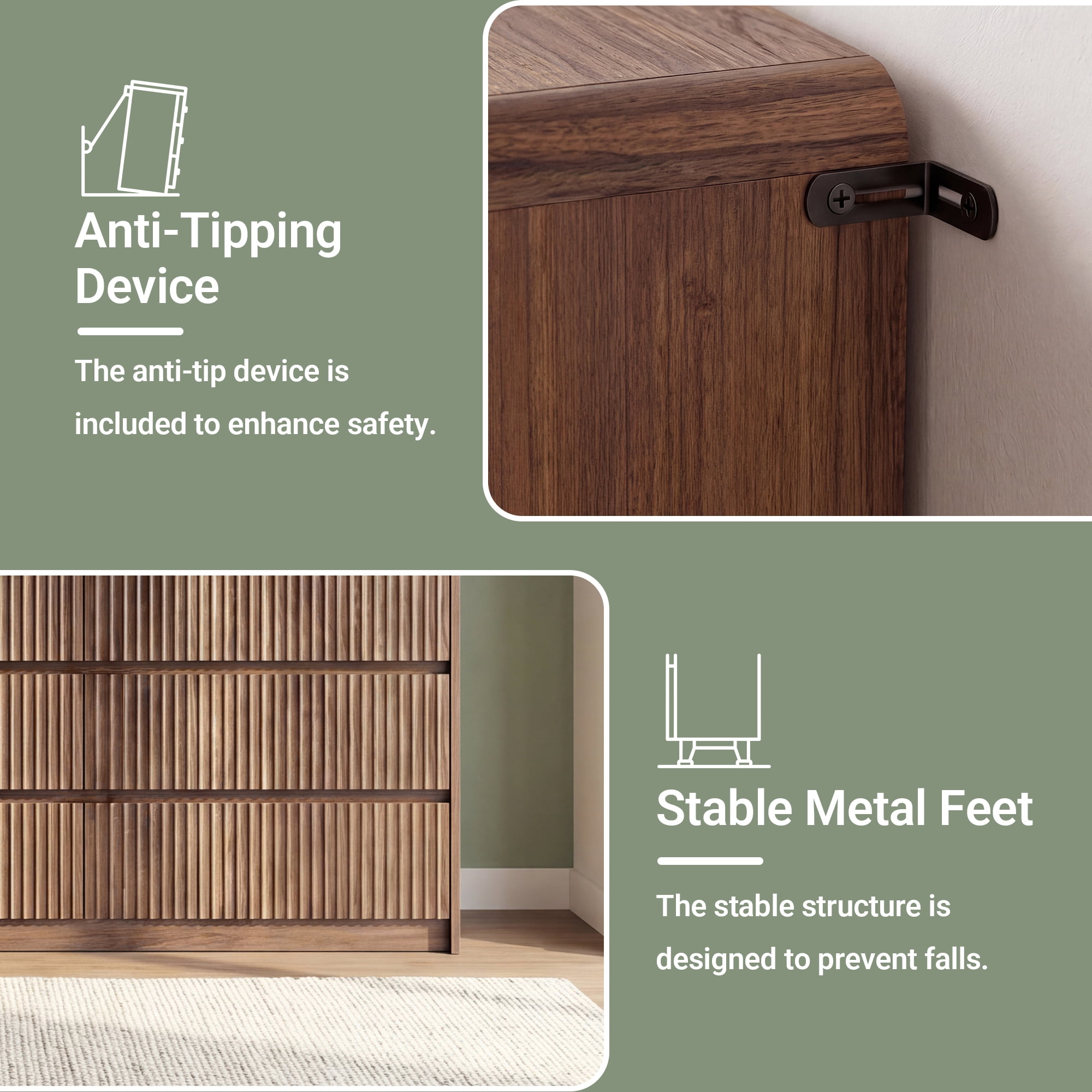 YDN Modern Fluted 6 Drawers Dressers for Bedroom - 47" Wooden Wide Storage Organizer Dresser, Curved Chest of Drawers with 6 Drawers & Anti-Tip for Closet Hallway, Entryway, Living Room,Walnut