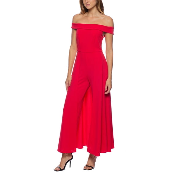 Marina Off Shoulder Zipper Back Solid Walk Through Crepe Jumpsuit Color: RED, Size: 14