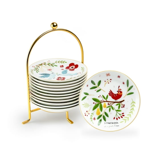 Grace Teaware 12 Days of Christmas 6" Fine Porcelain Appetizer Plate Set - Metal Rack Version