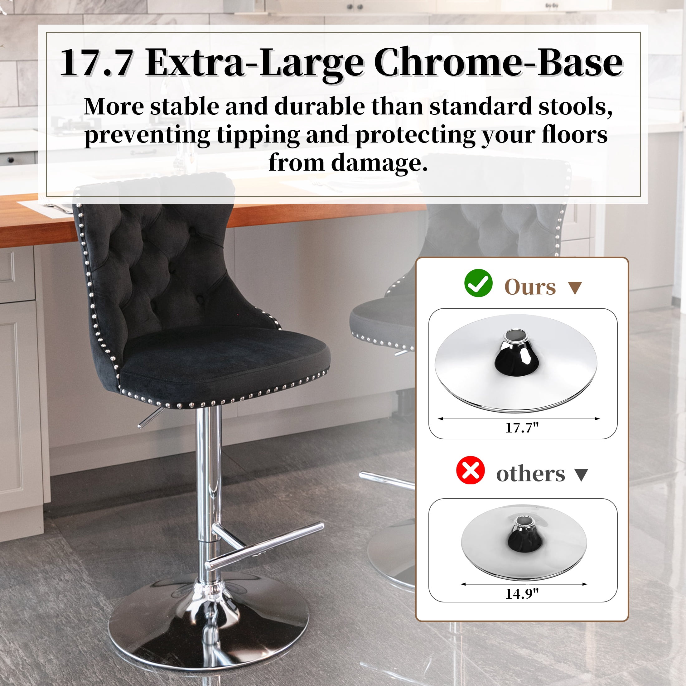 PAPROOS Bar Stools Set of 4, 360°Velvet Swivel Barstools with Backs, Chrome Base, Adjustable Seat Height from 25-33 inch, Counter Height Bar Chairs for Kitchen Island, Home Bar, Black
