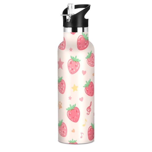 600ml Stainless Steel Water Bottle with Straw/Handle Bike Water Bottle, Strawberry Printed