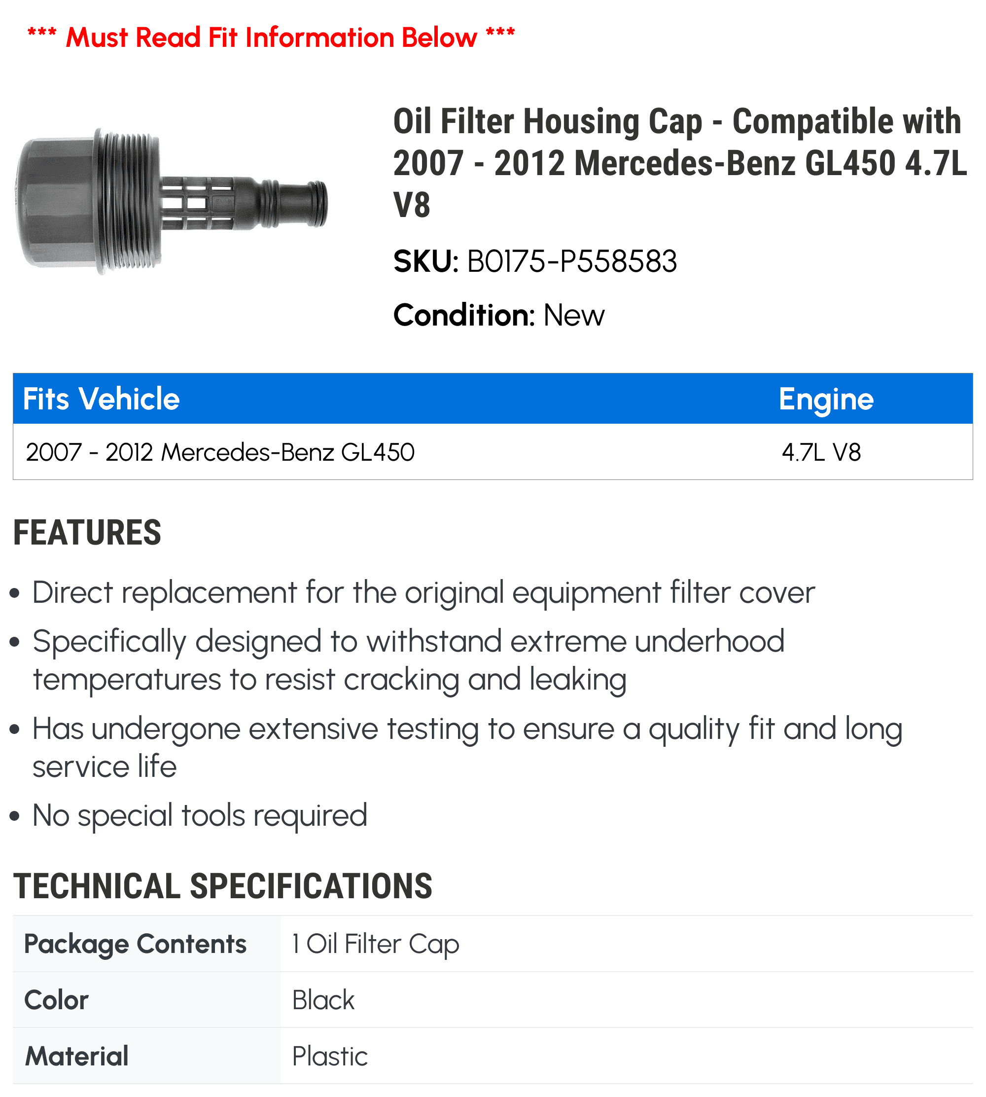 Oil Filter Housing Cap - Compatible with 2007 - 2012 Mercedes-Benz GL450 4.7L V8 2008 2009 2010 2011