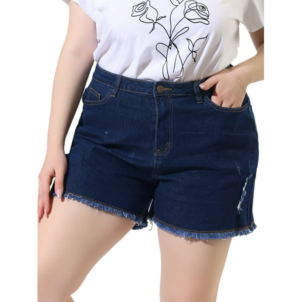 Women's Plus Size Denim Shorts Raw Hem Casual Shorts Dark Blue 1X