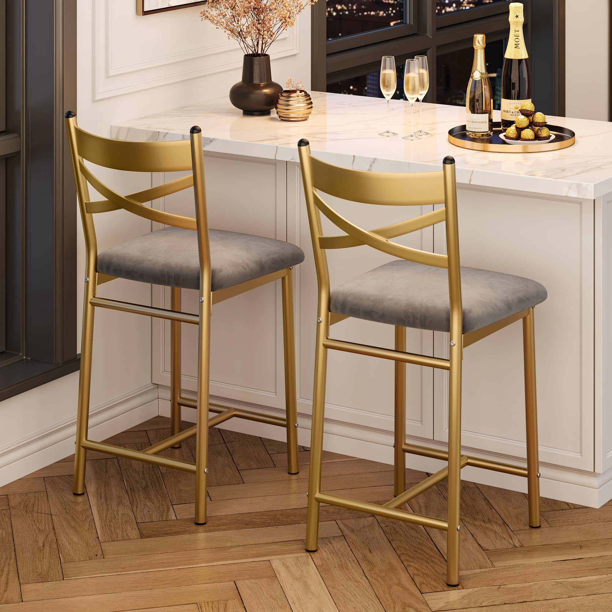 WildBreak 22 inch High Back Bar Stools Set of 2,Upholstered Bar Chairs with Back for Kitchen, Gold