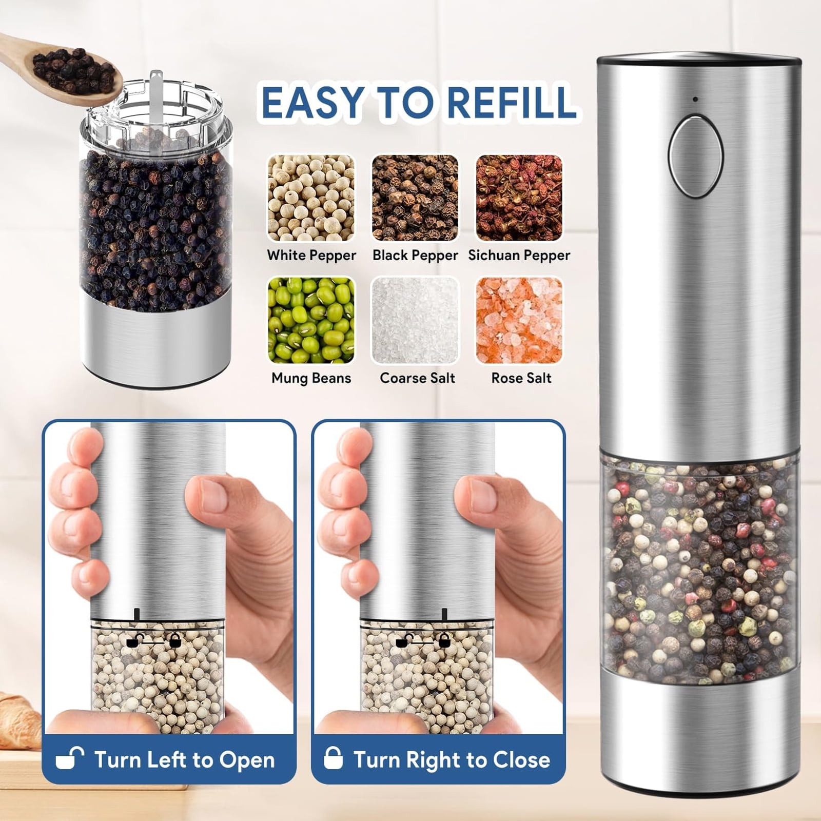 AsFrost Electric Salt and Pepper Grinder Set USB Rechargeable with Adjustable Coarseness Stainless Steel Automatic Salt n Pepper Mill Grinders Refillable with light