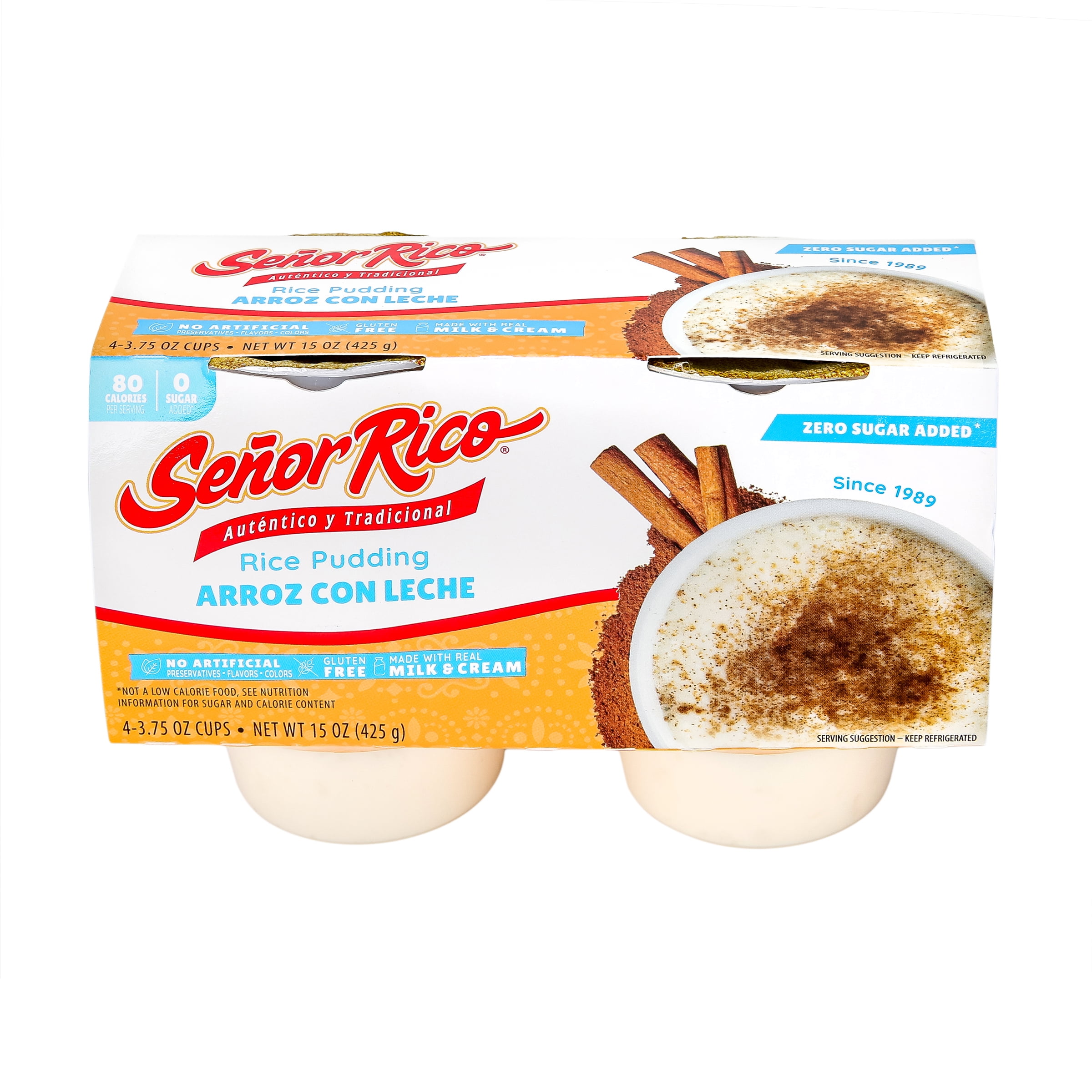 Senor Rico Zero Sugar Added Rice Pudding, 4 Count Plastic Cups, Refrigerated, Gluten-Free