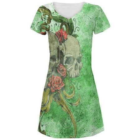 St. Patricks Day Deadly Wild Irish Rose Skull Tattoo All Over Juniors Beach Cover Up (Best Colors For Tattoo Cover Ups)