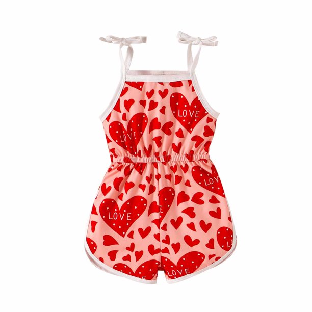 Ropa Para Niñas Pequeñas, Mono Para Niños Pequeños, Traje De San Valentín Con Estampado De Amor, Mono Con Tirantes, Pantalones, Rojo Sandía Odeerbi LM103-7531