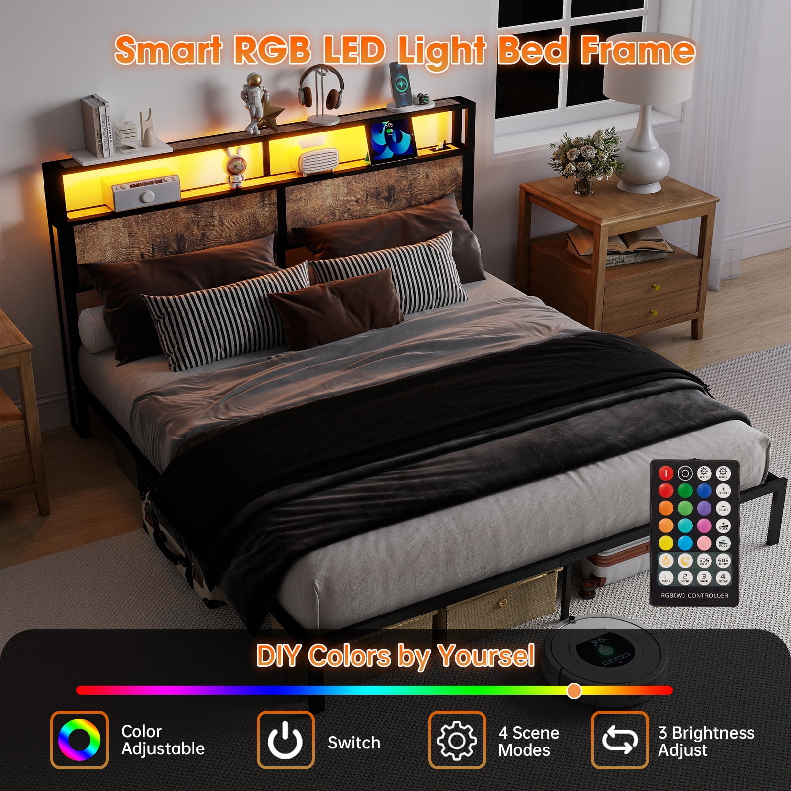 Leumius King Size Bed Frame with Headboard, Platform Bed with RGB LED Light & Charging Station & Under Bed Storage Space, Easy Assembly, Brown