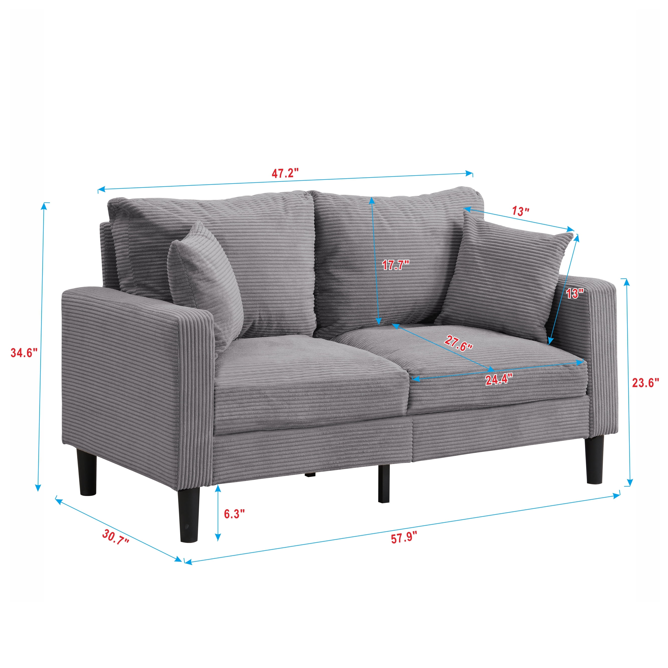 High Resilience Loveseat Sofa, Wooden Frame, Light Gray, 57.9 Inch Length, 78.1 lbs Weight, Corduroy Upholstery, 2-Seater, Modern Design for Small Living Room Bedroom Apartment Office