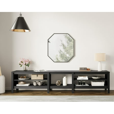 TV Stand for 85 inches Flat Screen, Wood Media Console Storage Cabinet Entertainment Center with 6 Open Shelves, 95 inch, Black