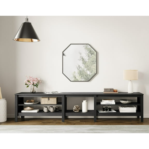 TV Stand for 85 inches Flat Screen, Wood Media Console Storage Cabinet Entertainment Center with 6 Open Shelves, 95 inch, Black