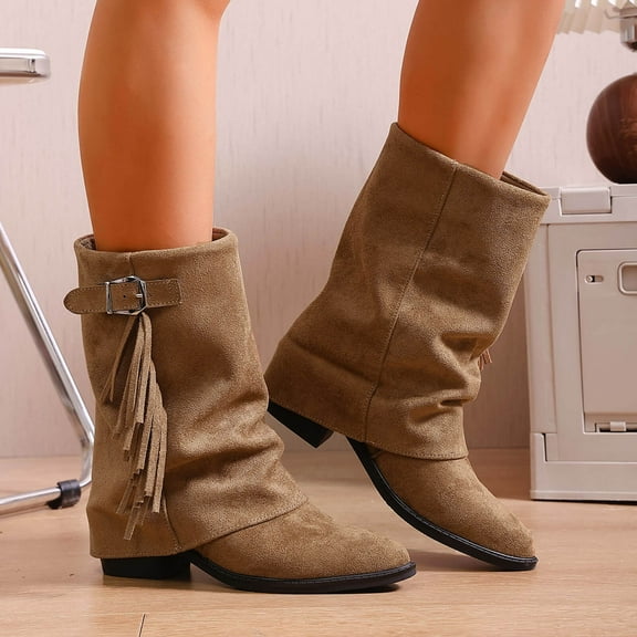 SKIYLEVZ Mid-calf Boots for Women Wide Calf Cowgirl Boots Style Side Zipper Classic Round Toe Cowgirl Boots with Low Chunky Heel Motorcycle Style Flat Heel Round Toe