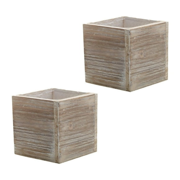 Wood Planter Box, Rustic Whitewash, 6 Inch, Wedding Decor and Floral Arrangements, Country House Charm, Plastic Liners, Wooden Square, Natural Style, (Beige) (Set of 2)