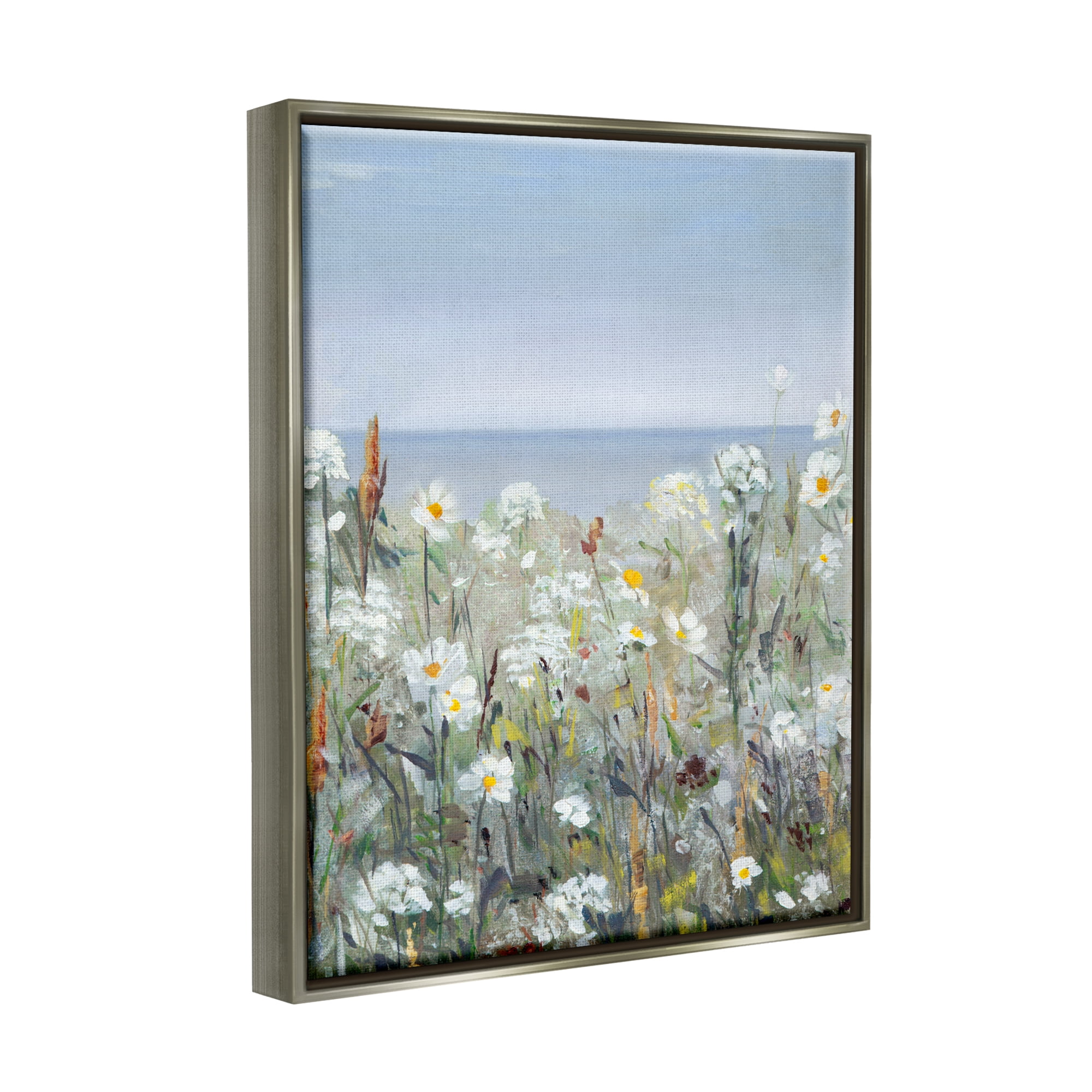 Stupell Industries Pleasant Summer Flower Field Distant Beach Shore Painting Luster Gray Floating Framed Canvas Print Wall Art, Design by Sally Swatland