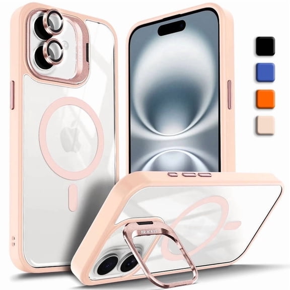 Shockproof Kickstand Heavy Duty Clear Case For Apple iPhone 16 Compatible With MagSafe With Camera Lens Protector Pink