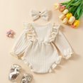 thumbnail image 4 of GYRATEDREAM Newborn Baby Girl Cute Outfits Infant Ruffle Long Sleeve Solid Color Bow Ribbed Romper Bodysuit Headband 2Pcs Set Apricot for 0-12M, 4 of 8