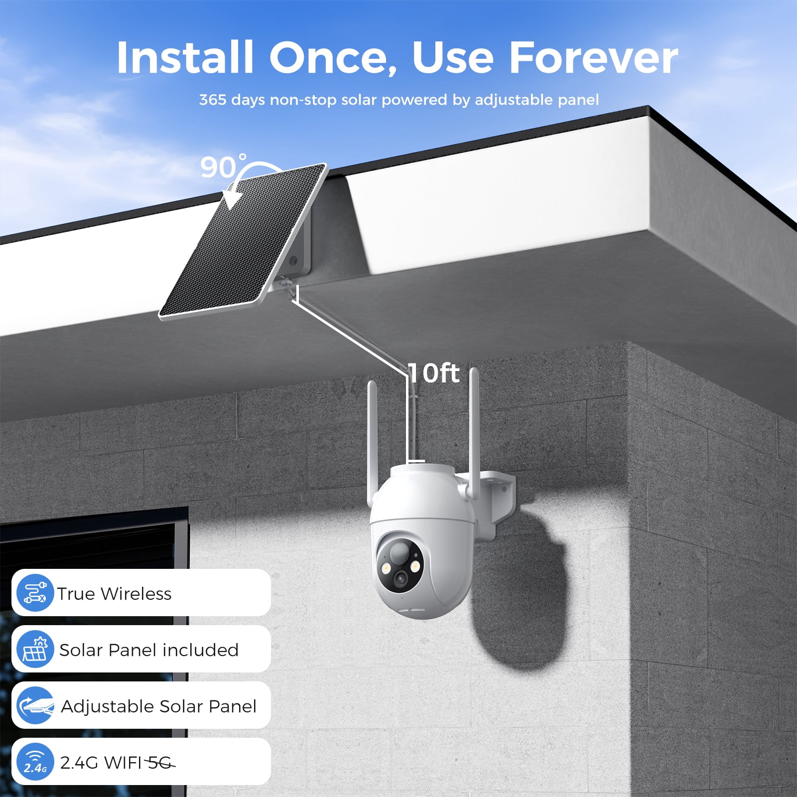 Security Cameras Wireless Outdoor WiFi, Solar Battery Powered, 360° View, AI Human Detection, Color Night Vision, 2-Way Audio, Real-Time Alerts, IP66 Waterproof, SD/Cloud Storage Black