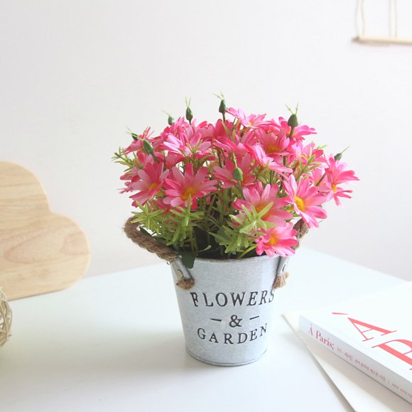 Artificial Flowers Potted European Style Design Silk Daisy Arrangements Bonsai House Office Restaurant Table Centerpieces Windowsill Decor Daisy-Rose Red