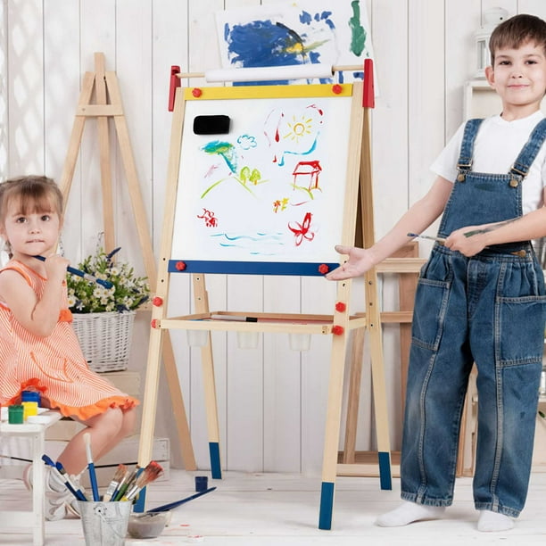 3 en 1 chevalet pour enfants en bois de pin, tableau magnÃ©tique en double  face, accessoires complets avec autocollants magnÃ©tiques et rouleau de  papier, 3 hauteurs disponibles 