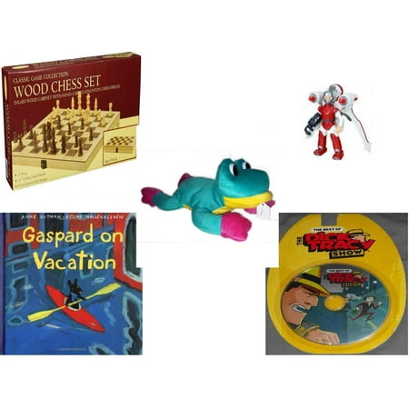 Children's Gift Bundle [5 Piece] -  Classic Wood Folding Chess Set  - Playmates Eon Kid Feature Figure Marty  - Good Stuff  Frog 14