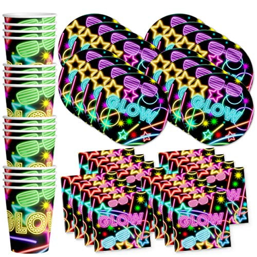 Glow Light Neon Birthday Party Supplies Set Plates Napkins Cups Tableware Kit for 16