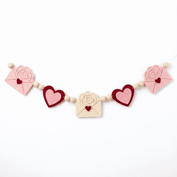 Valentine's Day Heart Decorations, Felt Hearts Wood Bead Garland Banner for Valentine's Day Decor