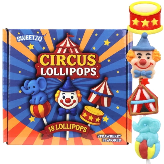 Circus Lollipops, Carnival Party Favors, Clown Elephant Candy Pops, Birthday Goodie Bag Fillers, 18 Count, 7.62 Ounce Box