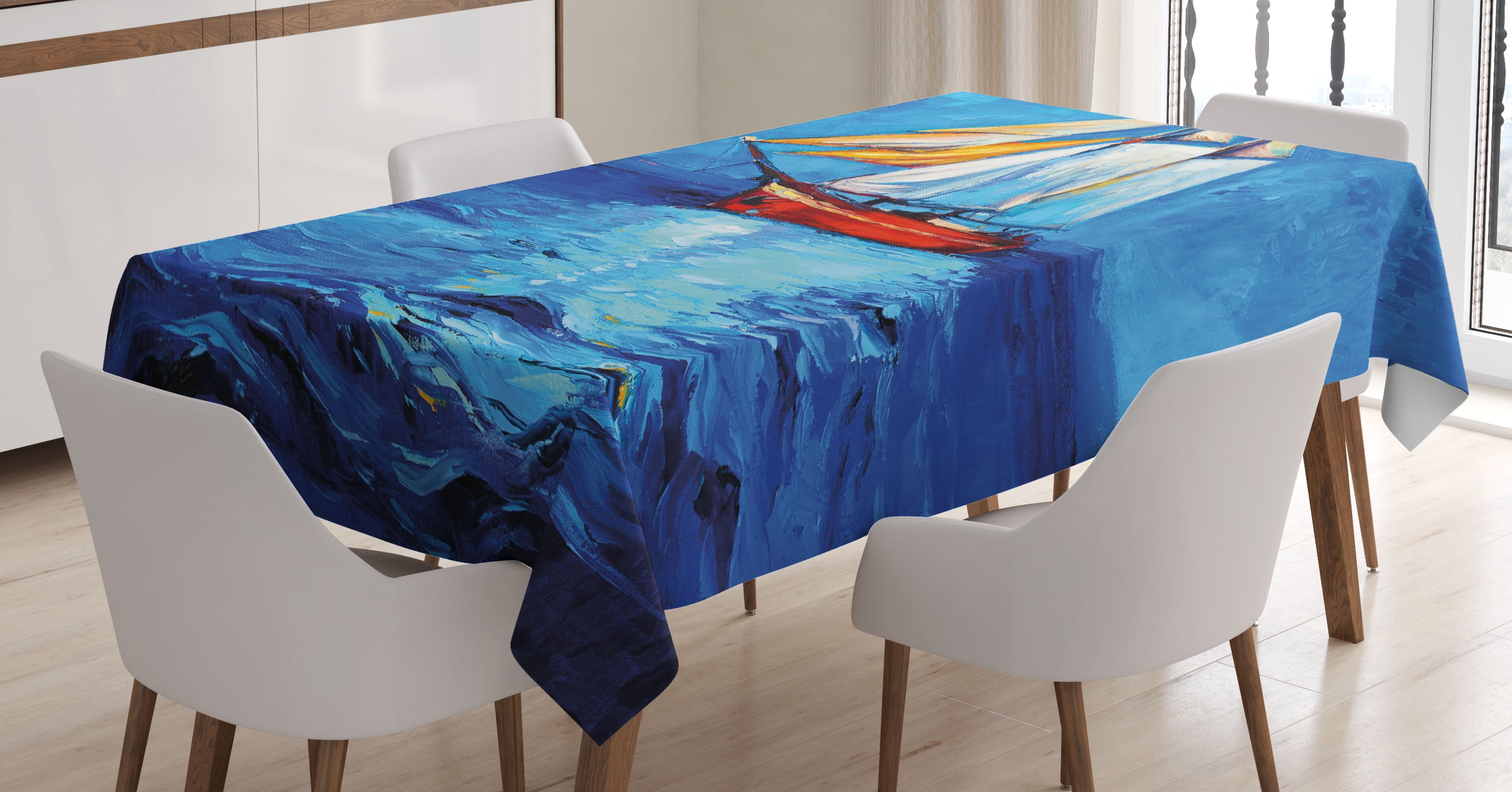 Nautical Tablecloth, Oil Painting Style Sailing Ship on Horizon