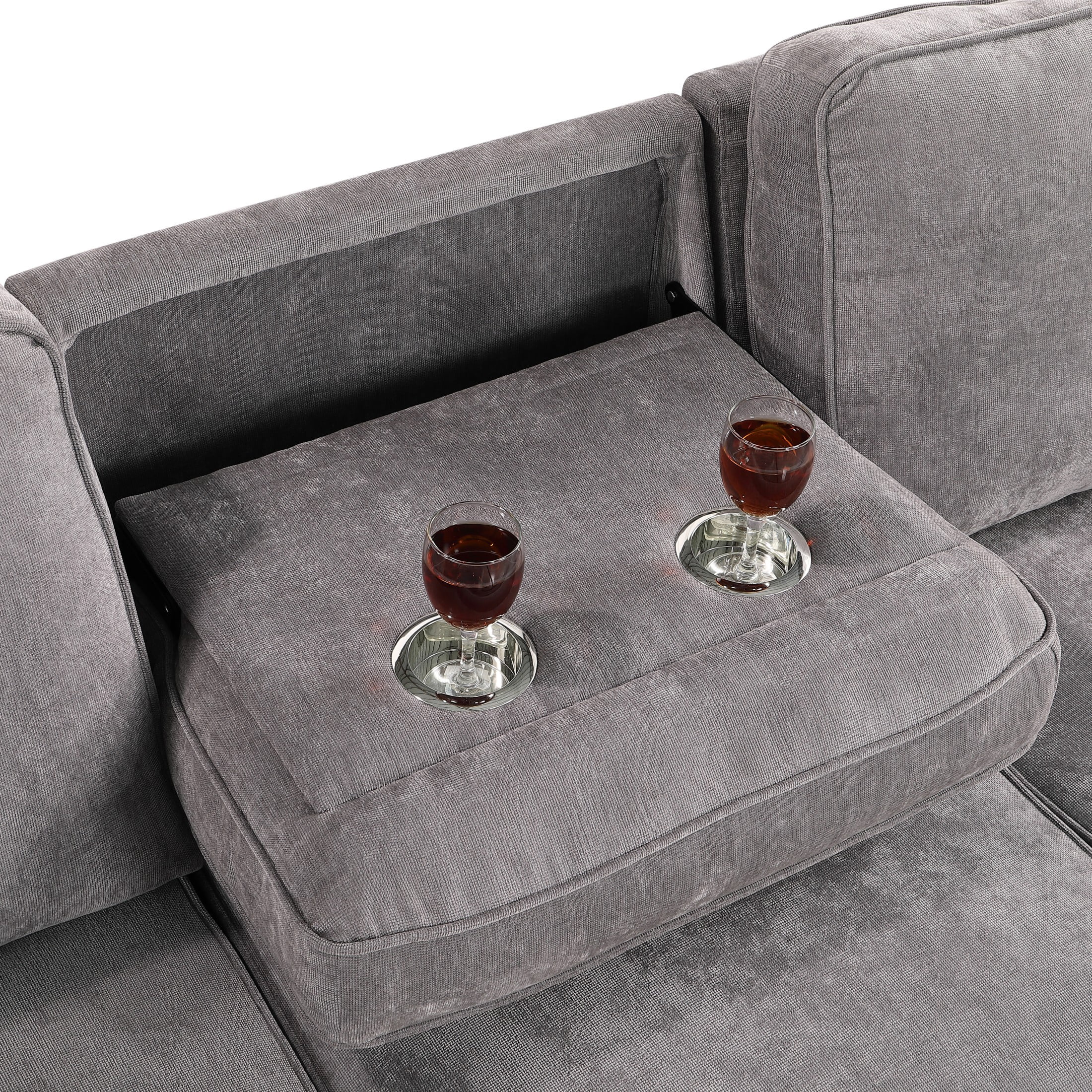 Aukfa Chenille Pull Out Sofa Bed, Reversible Sectional Couch with Storage Chaise, USB/Type-C, Beige