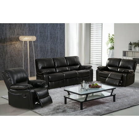Evelyn 3 Pc Black Leather Gel Reclining Sofa Set With Rocking Chair