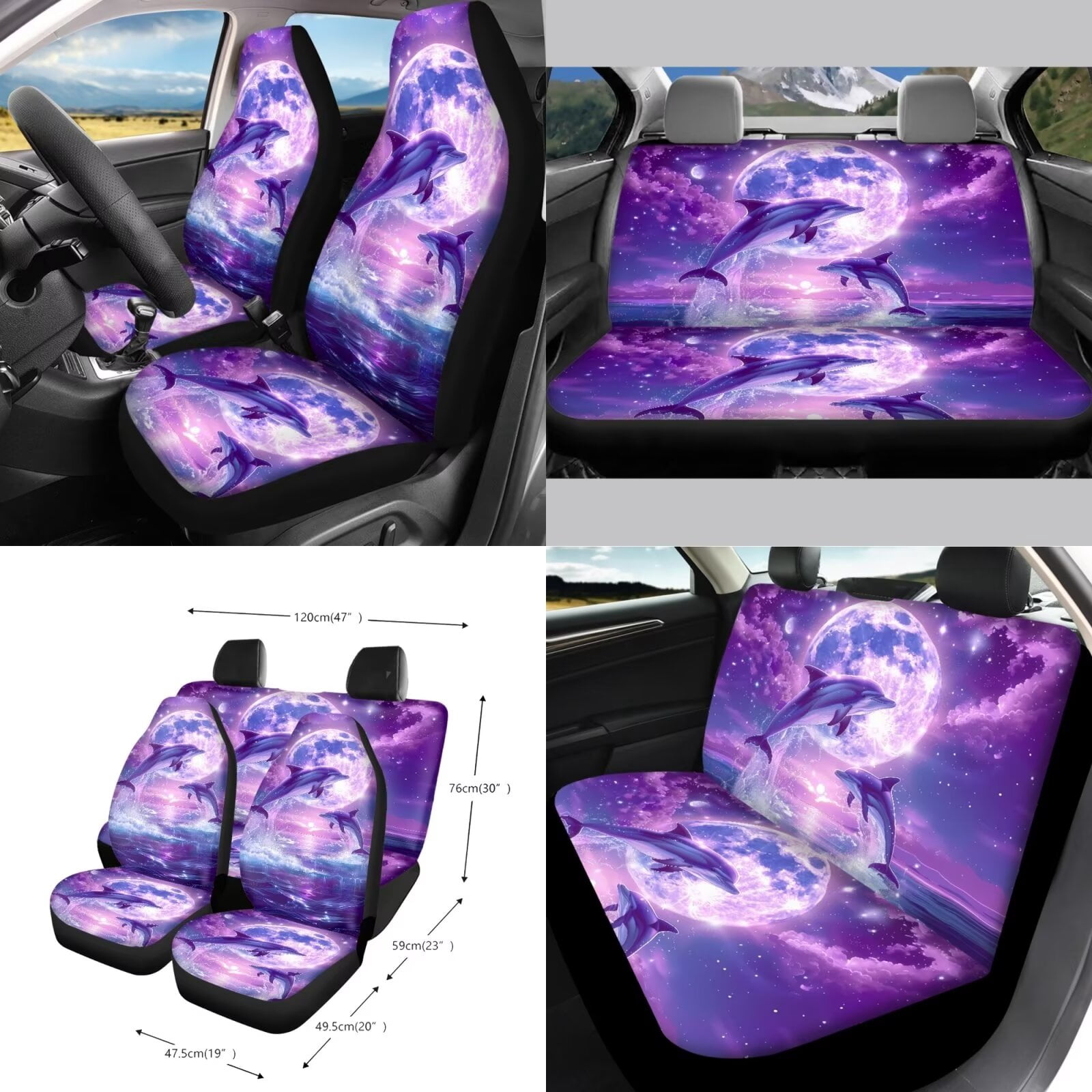 KUIFORTI 15PCS Dolphin Car Seat Covers Full Set/Seatbelt Shoulder Pads/Steering Wheel Cover/Keychain/Cup Mats/Rear View Mirrow Cover/Garbage Can/Car Mount Phone Holder, Purple