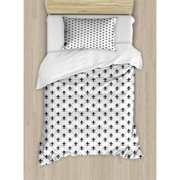 Fleur De Lis Duvet Cover Set Twin Size, French Damask Composition Monochrome Pattern Royal Classic Insignia Motif, Decorative 2 Piece Bedding Set with 1 Pillow Sham, Black White, by Ambesonne